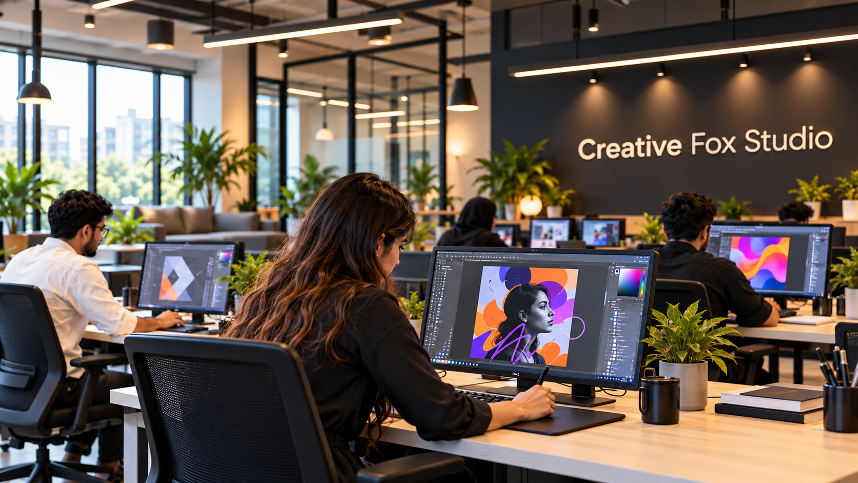 Graphic designers working in a modern co-working studio environment