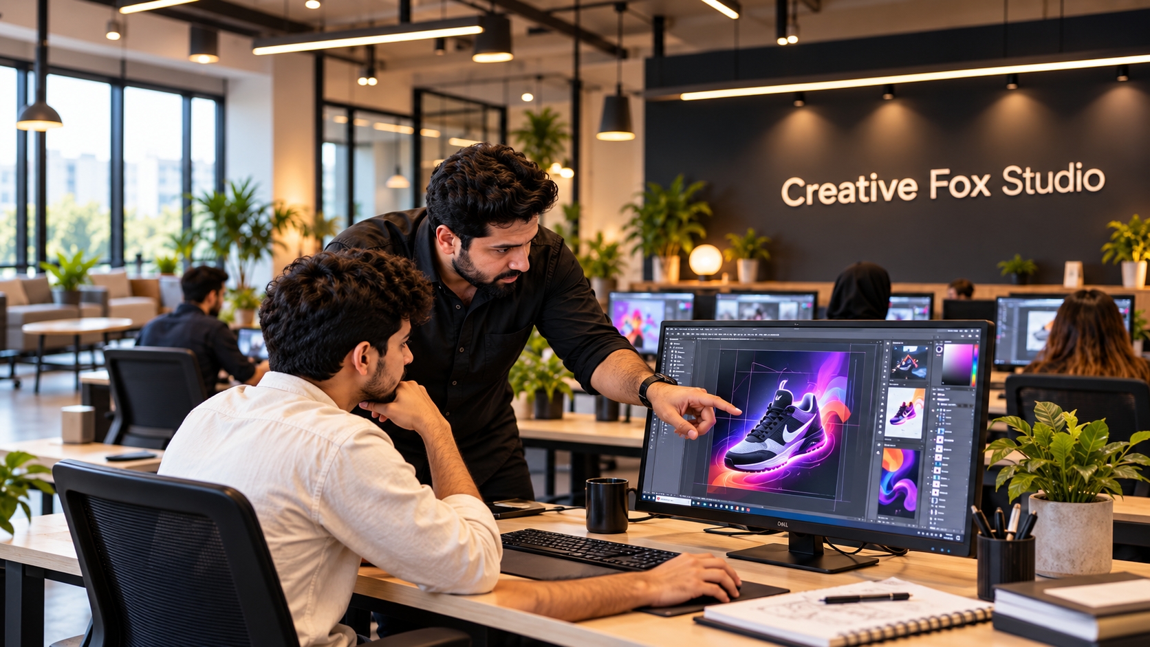 One-on-one graphic design mentor interaction at Creative Fox Studio