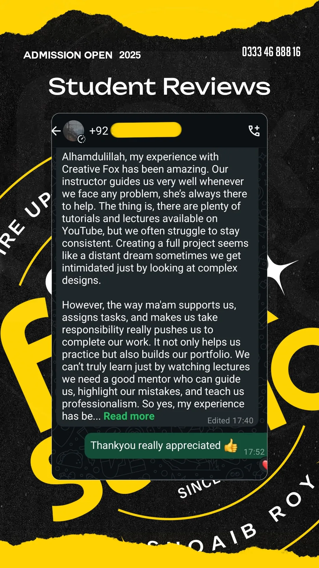 Graphic design mentorship feedback from a Creative Fox Studio student
