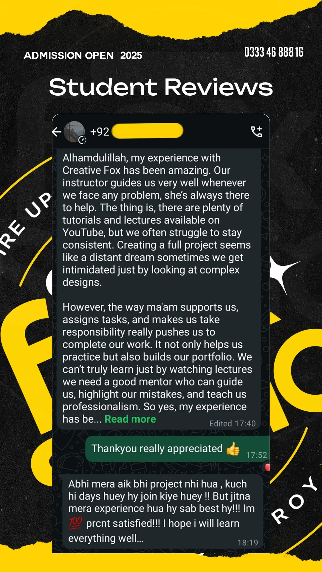 Creative Fox Studio graphic design training student feedback